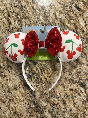 Disney White Minnie Ear Headband with Red Cherry Print and Sequin Bow